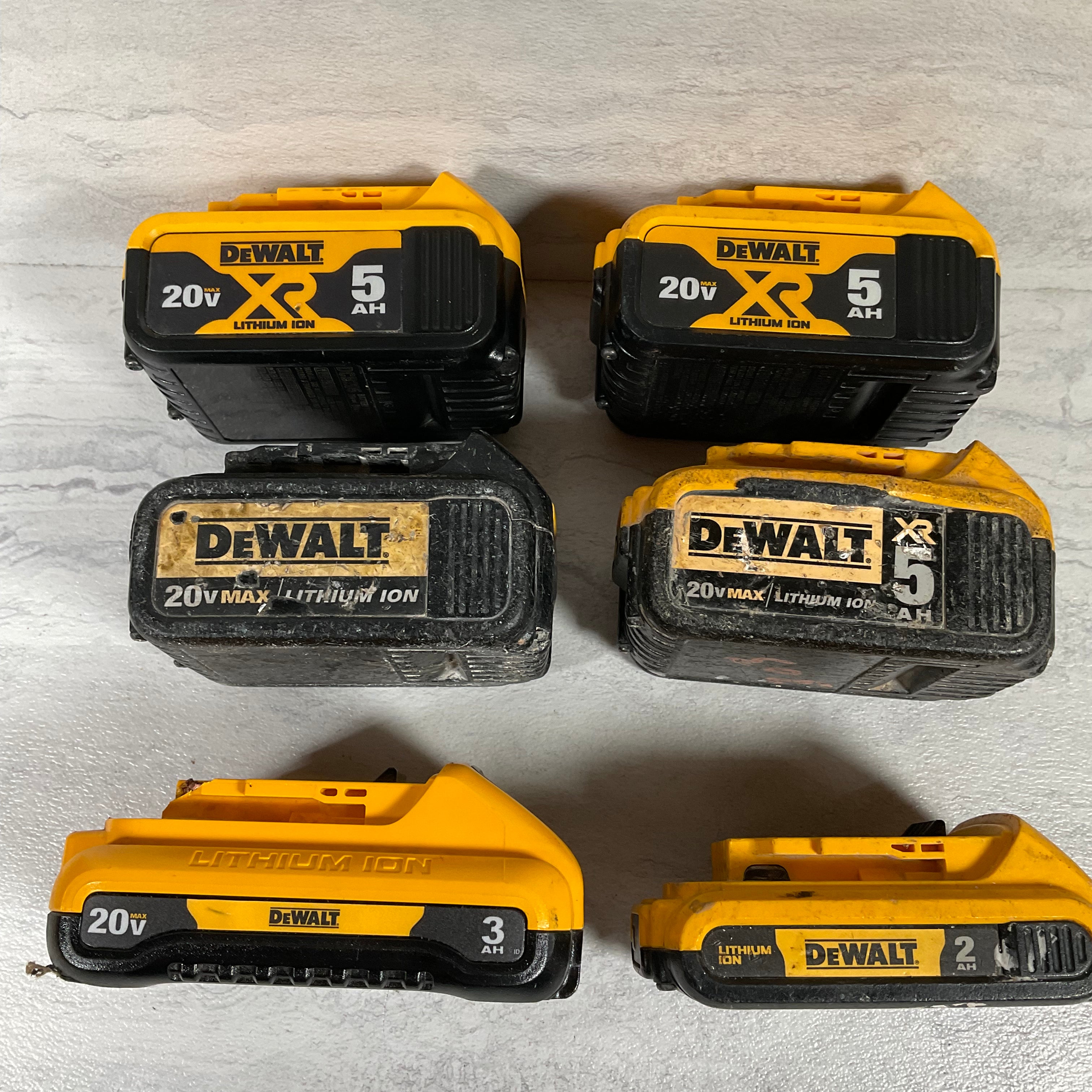 (LOT OF 6) FOR PARTS, NOT WORKING, DeWalt 20V batteries, DCB205, DCB230, DCB203 (7198018175214)